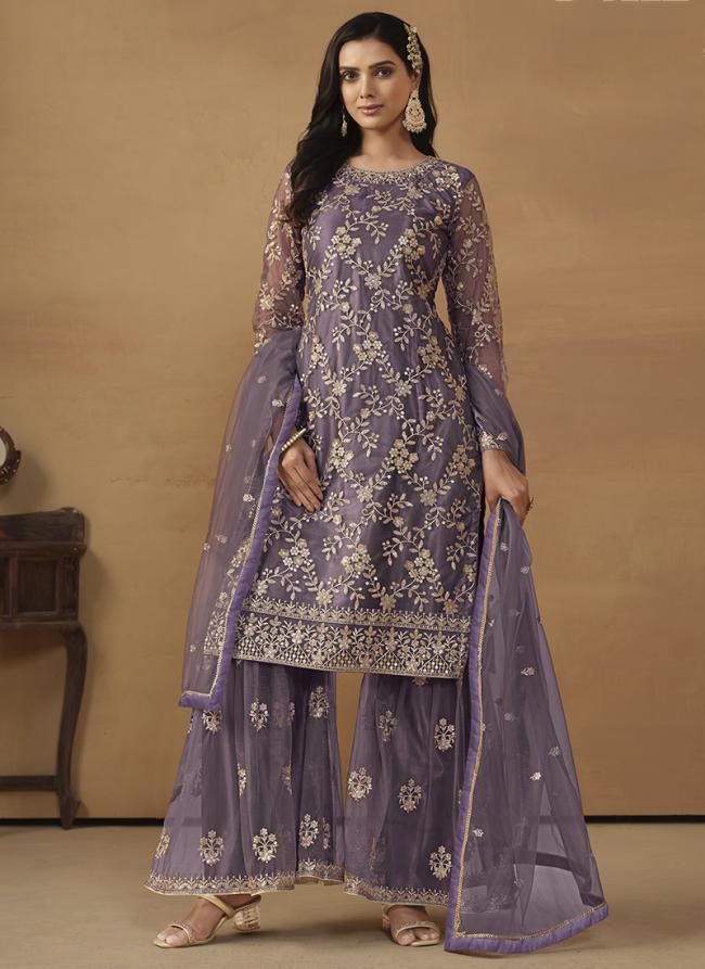 Net Lilac Ramzan Wear Embroidery Work Sharara Suit
